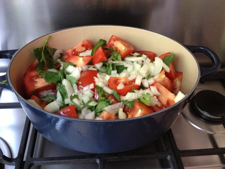 De gewassen tomaten gaan in stukjes in de pan, met een beetje water, een gesnipperd uitje, basilicum en selderij. 